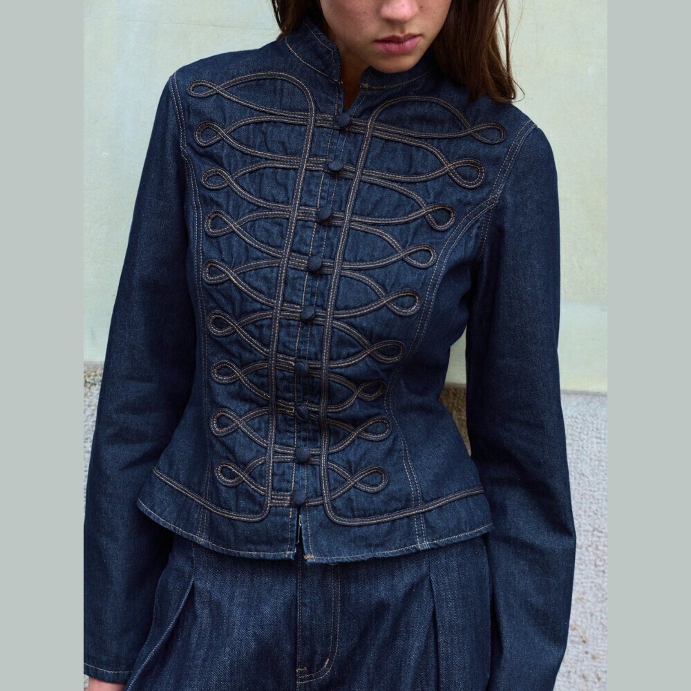Dark Blue Denim Military Braid Trim Stand Collar Fitted Jean Jacket